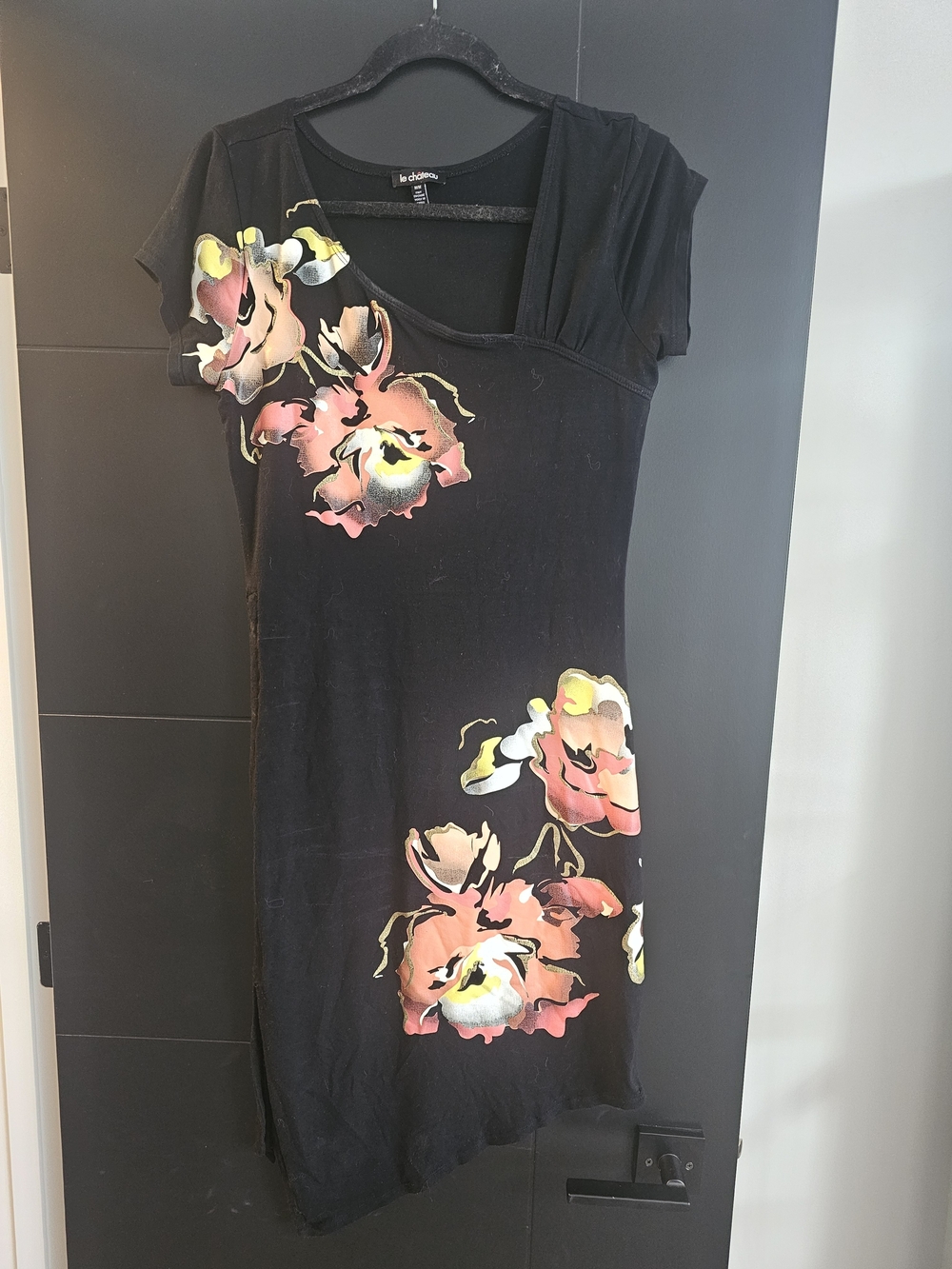 le chateau Black Floral Midi Dress with Scoop Neck